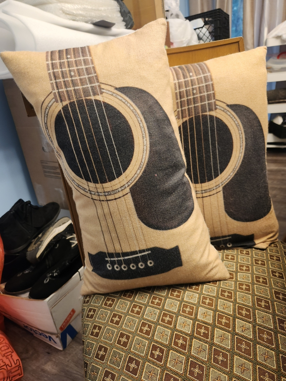 Source Unknown Beige and Black Guitar Print Accent Pillow Set